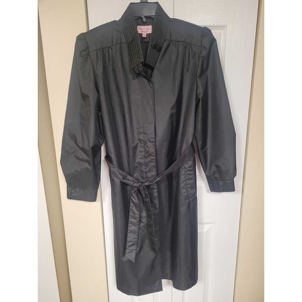 Rebecca Lynn Vintage Black Trench Coat Pleated Collar Belted Rain Jacket Size 12